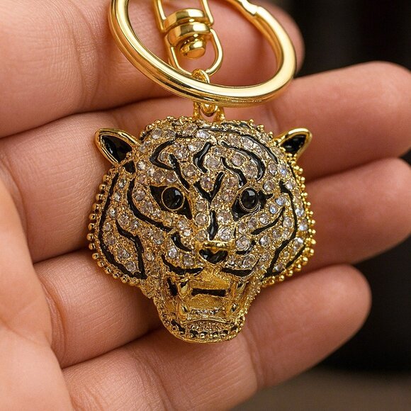 Gold Crystal Tiger Head Keychain Bag Charm Sparkling Rhinestone Pendant Handbag - Picture 5 of 8